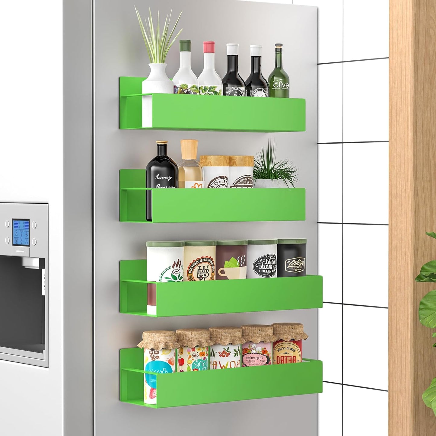 Powder-coated metal magnetic spice shelves (4 pack) for kitchen organization.