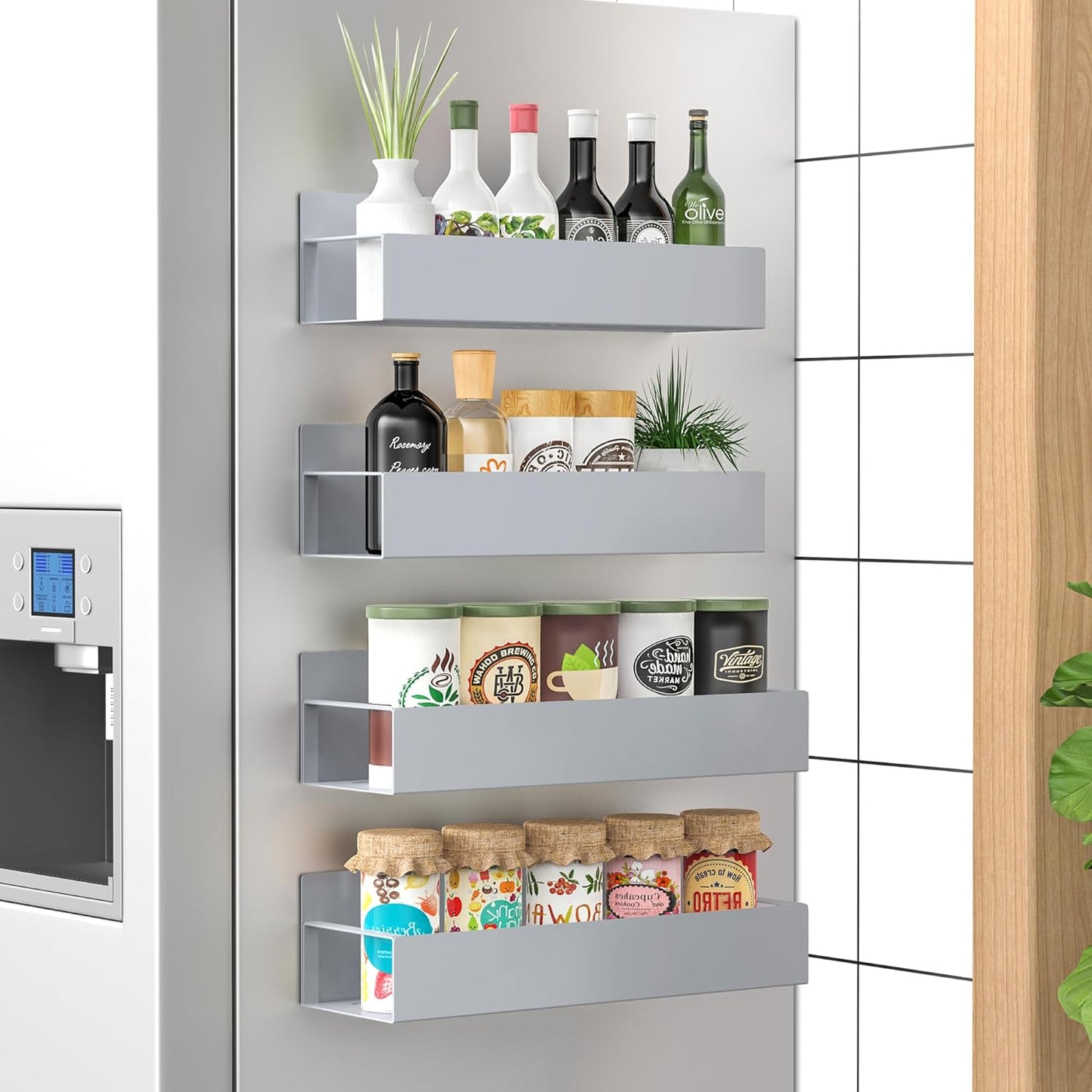 Organize spices with 4-pack magnetic spice racks; perfect refrigerator organizer & kitchen storage.