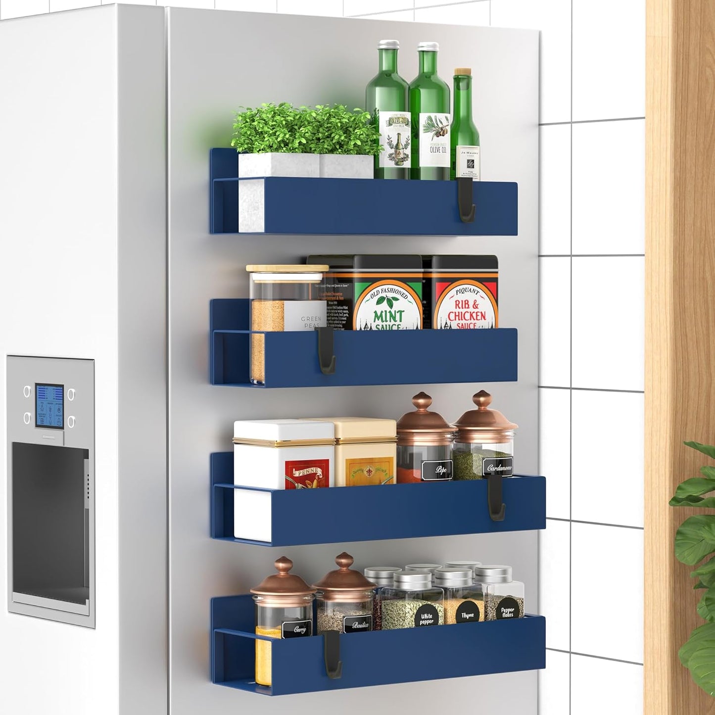 Modern magnetic spice racks (4) enhance kitchen decor & provide space-saving storage.