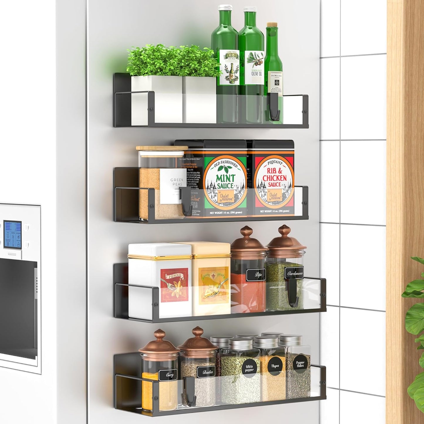 Durable magnetic spice shelves (4 pack) for easy kitchen organization of cooking essentials.