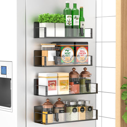 Durable magnetic spice shelves (4 pack) for easy kitchen organization of cooking essentials.