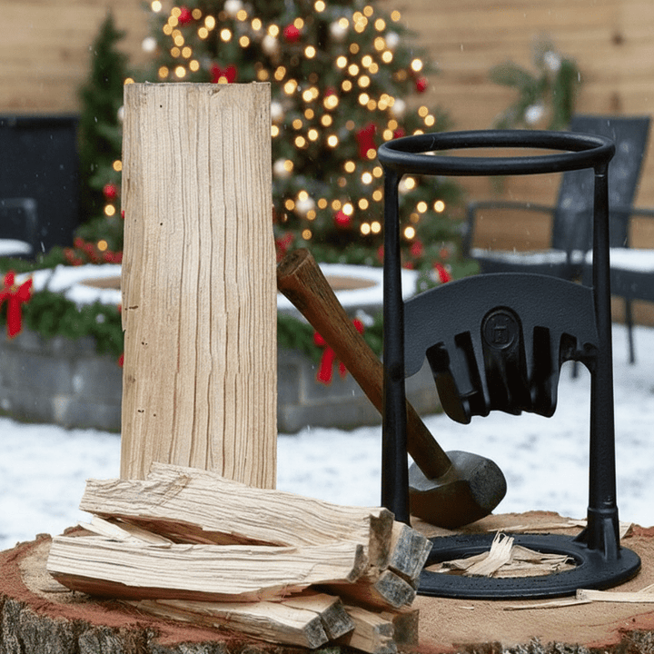 Person safely using a manual firewood splitter to prepare kindling for a campfire.