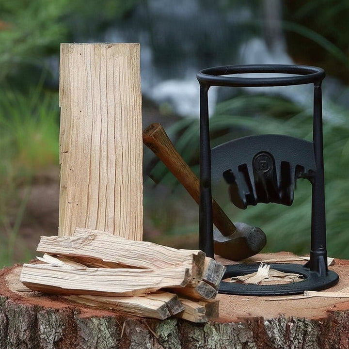 Versatile manual firewood splitter for kindling; perfect outdoor tool for fireplaces, pits, and camping.