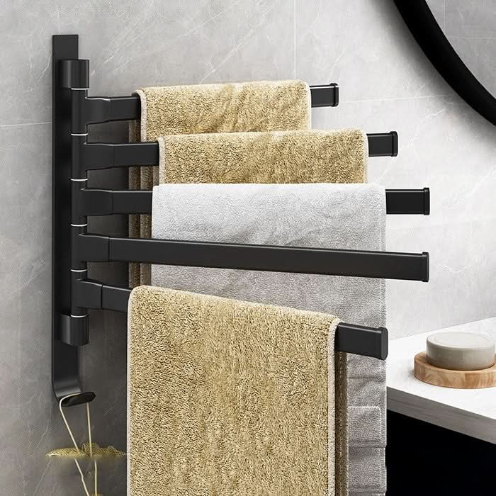 Matte black metal swivel towel bar with 5 arms for bathroom organization. Wall-mounted for space-saving storage.