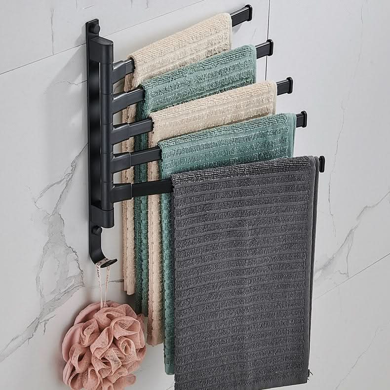 Functional 5-arm swivel towel bar in matte black metal, ideal for bathroom wall mount organization and drying.