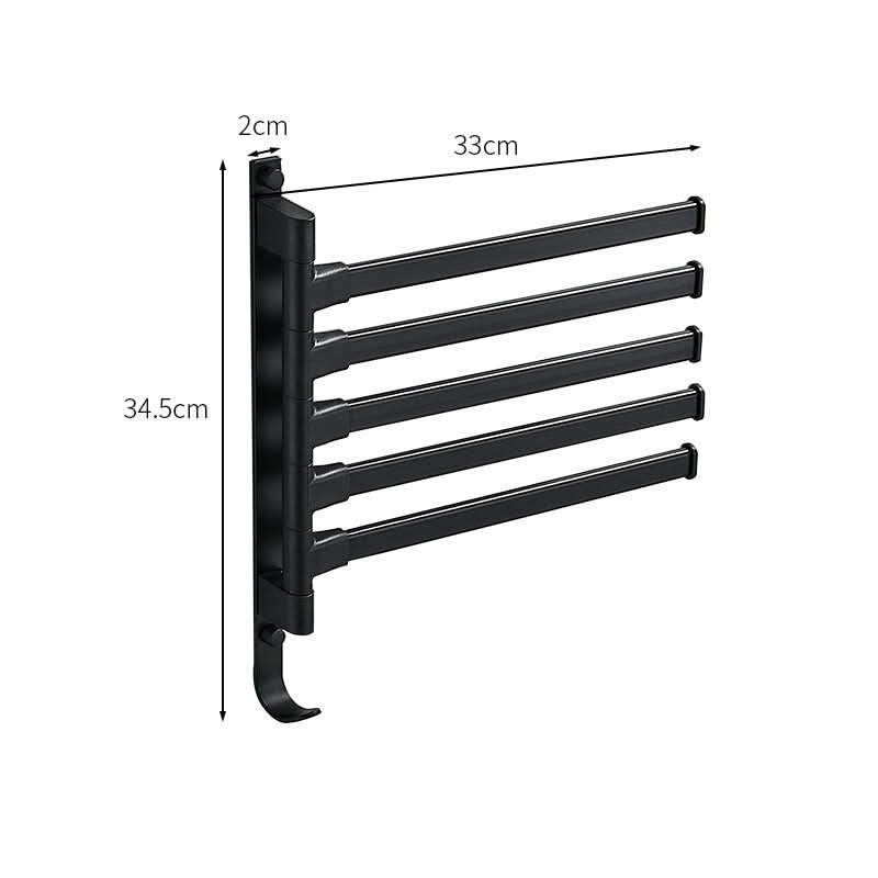 Heavy-duty matte black metal swivel towel bar with 5 arms provides organized storage for any bathroom space.