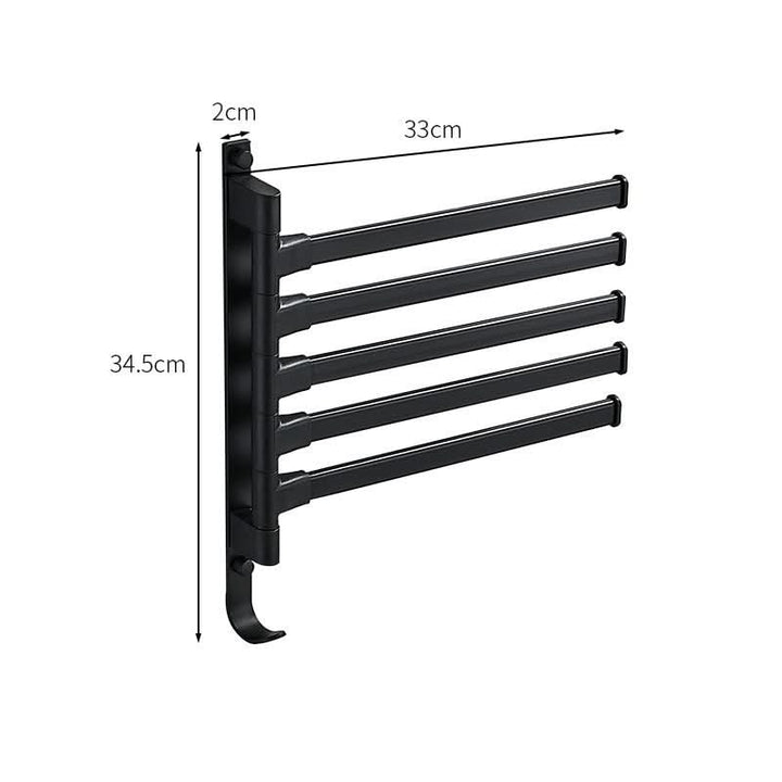 Heavy-duty matte black metal swivel towel bar with 5 arms provides organized storage for any bathroom space.