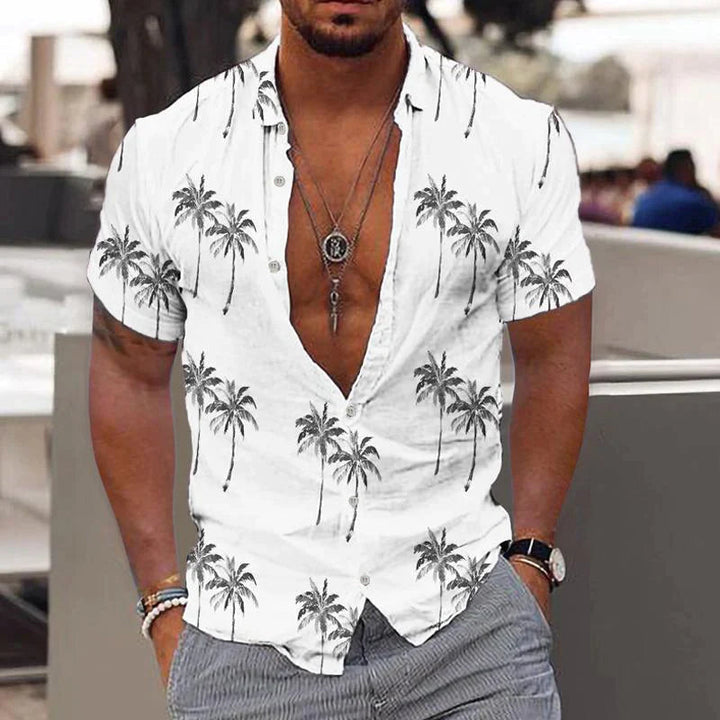 Stylish men's button-up short sleeve linen shirt, a comfortable and relaxed fit for casual summer fashion.