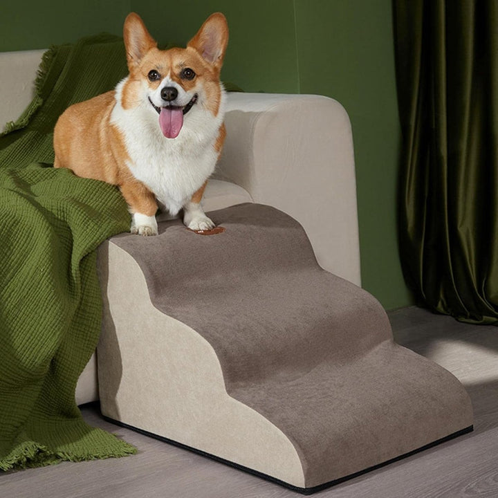 Memory foam pet stairs for dogs & cats, offering joint support & easy furniture access.