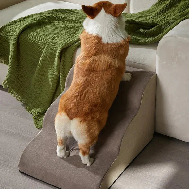 Multi-tier memory foam pet stairs for cats & small dogs to reach windows or beds safely.
