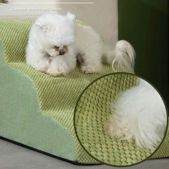 Compact pet stairs with memory foam, providing easy, stable access for small dogs & cats.