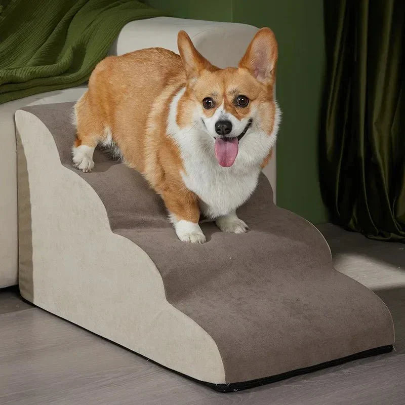 Washable cover memory foam pet stairs for dogs & cats, ensuring clean & comfortable steps.