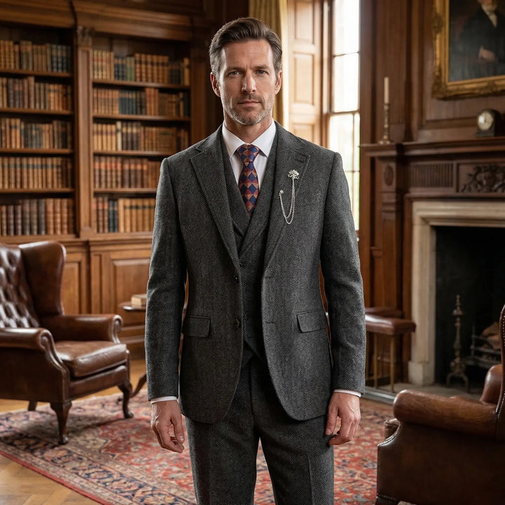 Men's 3-piece herringbone suit, classic tailored fit. Perfect for formal wear, business attire, and weddings.