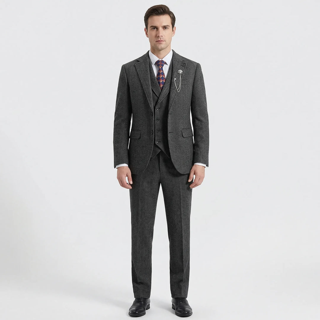 Sophisticated men's tailored herringbone vest suit. Ideal for formal events, business, and wedding guests.