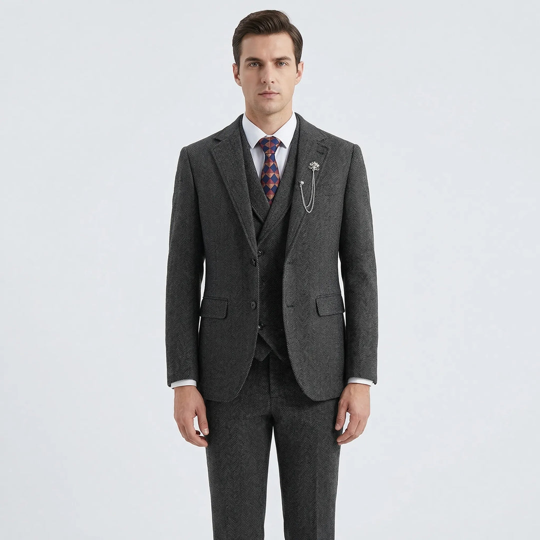 Tailored fit men's herringbone suit set. A smart choice for business meetings, parties, and upscale events.