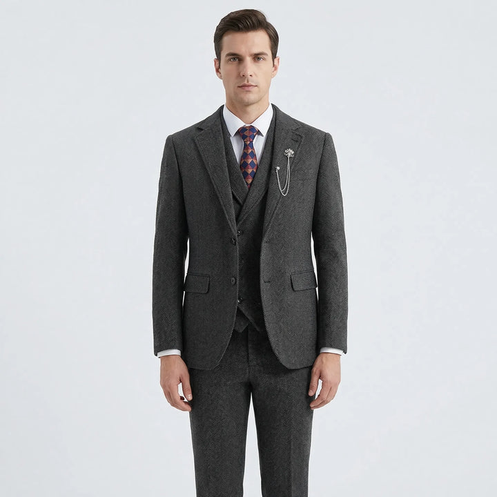 Tailored fit men's herringbone suit set. A smart choice for business meetings, parties, and upscale events.