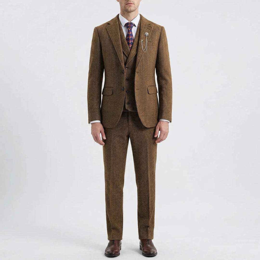 Men's formal herringbone vest suit with tailored trousers, exuding smart, classic sophistication.