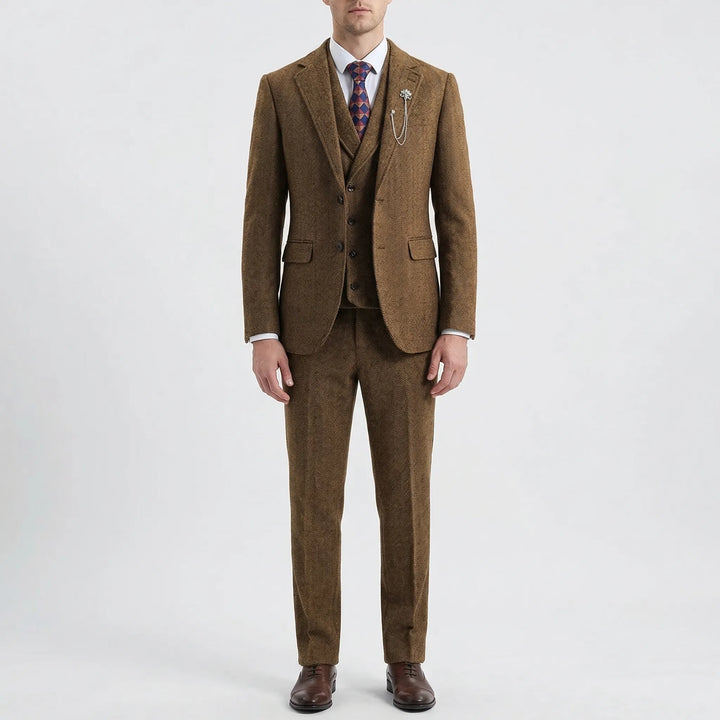 Men's formal herringbone vest suit with tailored trousers, exuding smart, classic sophistication.
