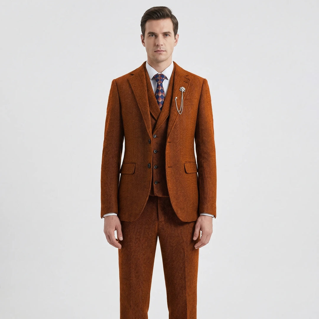 Elegant men's 3-piece herringbone suit, a timeless classic with a comfortable, tailored fit.