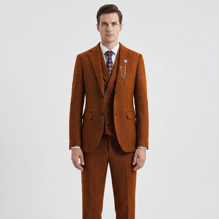 Elegant men's 3-piece herringbone suit, a timeless classic with a comfortable, tailored fit.