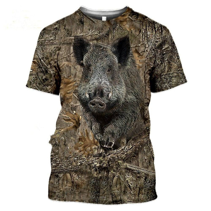 Men's 3D camouflage hunting T-shirt with realistic forest wildlife print, short sleeve activewear.