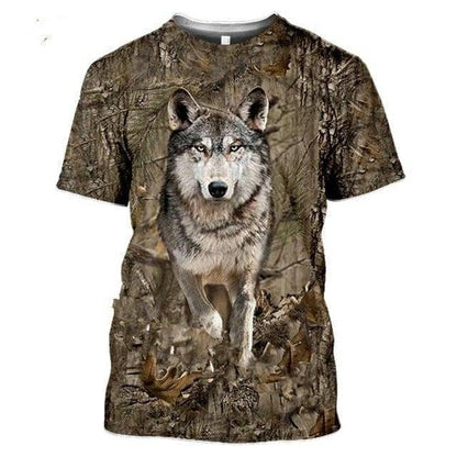 Group of men's 3D camouflage hunting T-shirts, showing various wildlife print options.