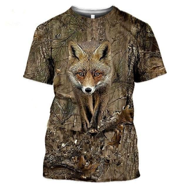 Detail of the fabric and vivid 3D wildlife print on a men's camouflage hunting T-shirt.