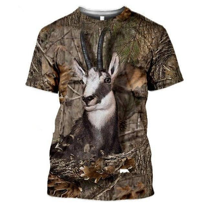 Lifestyle shot of men's activewear T-shirt with 3D camouflage wildlife print in an outdoor setting.