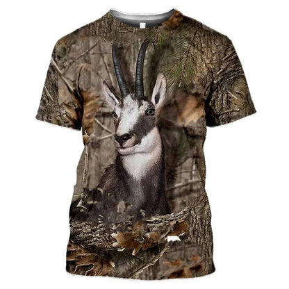 Front view of men's 3D camouflage tee, showcasing outdoor wildlife print and activewear design.