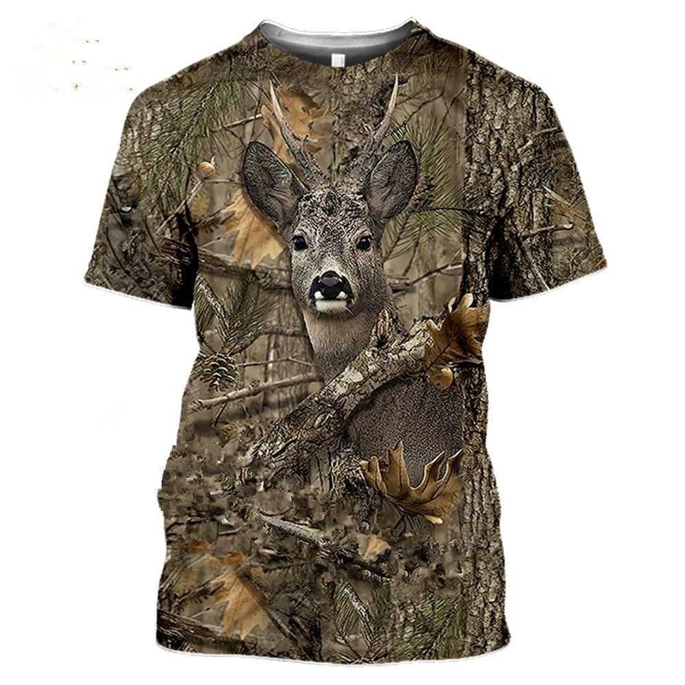 Back of men's hunting T-shirt, displaying extensive 3D camouflage and wildlife graphic.