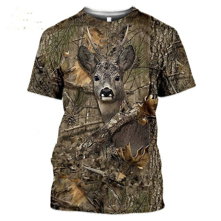 Back of men's hunting T-shirt, displaying extensive 3D camouflage and wildlife graphic.