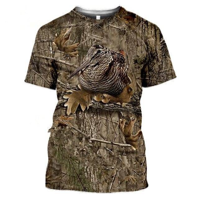 Side profile of men's activewear T-shirt, featuring 3D camouflage and a wildlife graphic.