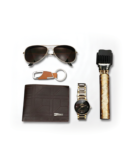 Men's 5-Piece Essential Accessory Gift Set with watch, wallet, sunglasses. Perfect stylish gift for him.