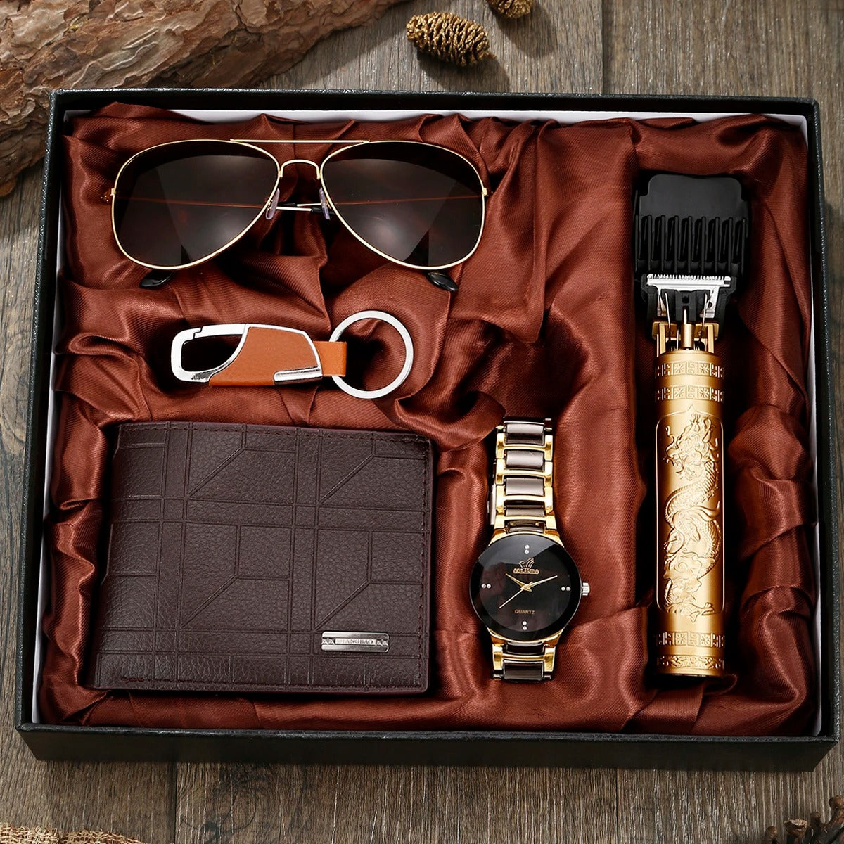 Stylish men's gift set featuring a classic watch, leather wallet, and other essential accessories for him.