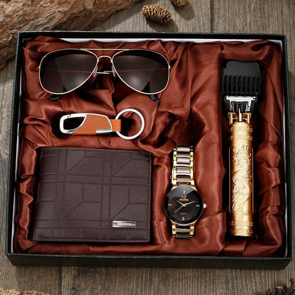 Stylish men's gift set featuring a classic watch, leather wallet, and other essential accessories for him.