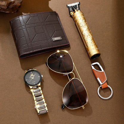 Everyday men's grooming & accessory gift set. Includes watch, wallet, sunglasses, and other essentials.