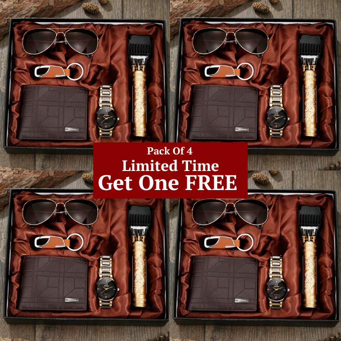 Perfect men's gift for any occasion: an essential 5-piece accessory set with watch, wallet, and sunglasses.
