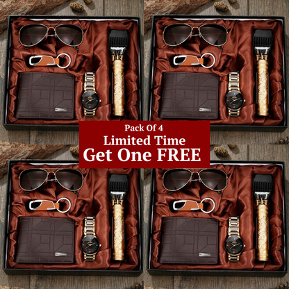 Perfect men's gift for any occasion: an essential 5-piece accessory set with watch, wallet, and sunglasses.