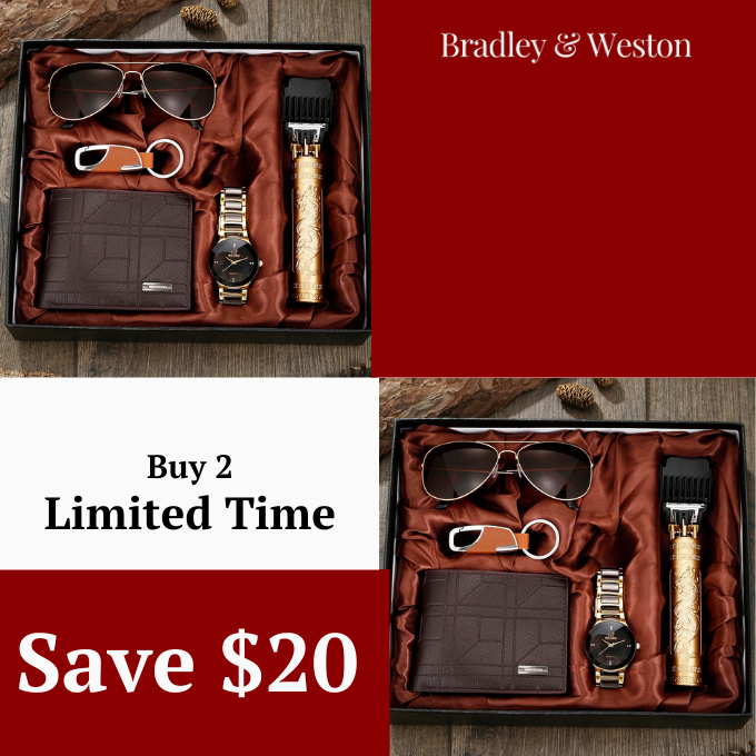 Full view of the men's essential accessory 5-piece gift set, featuring a watch, wallet, & sunglasses for him.