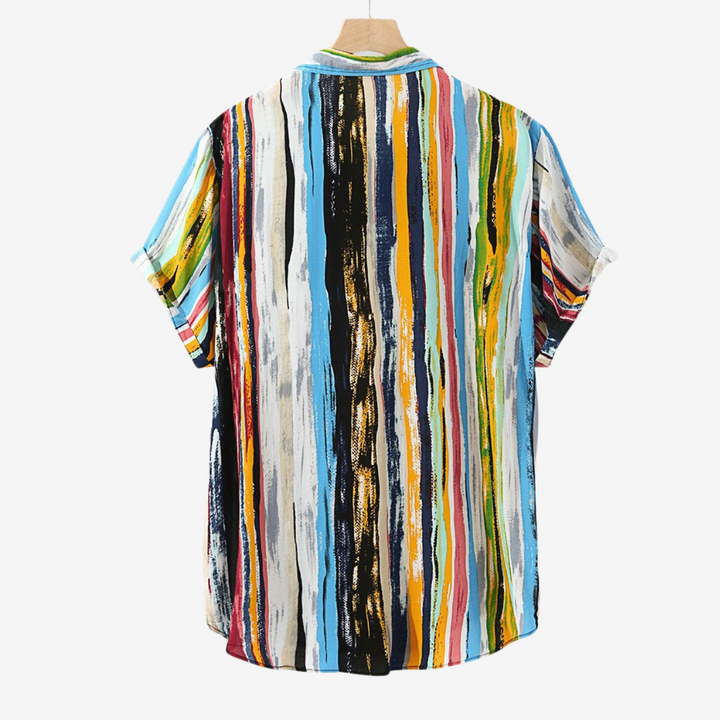 Vibrant quick-dry men's abstract print shirt. Short sleeve, artisan style for summer casual wear.