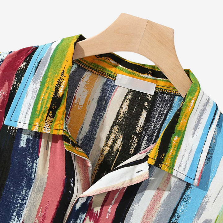 Casual men's short sleeve shirt with unique abstract artisan print. Perfect for summer fashion.