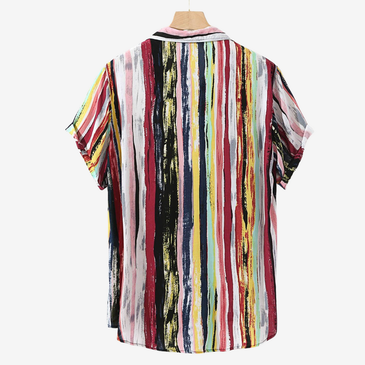 Stylish men's summer shirt with a colorful abstract artisan print. Short sleeve, relaxed fit casual.