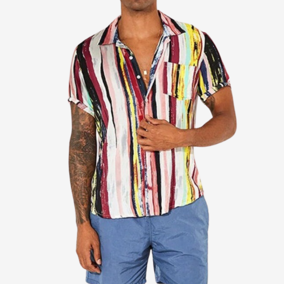 Quick-dry men's abstract print summer shirt. Comfortable relaxed fit, vibrant artisan short sleeves.