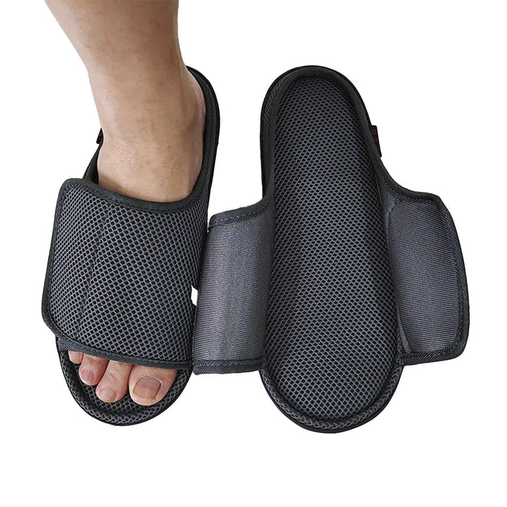 Men's adjustable openable slippers for diabetic & swollen feet, offering easy entry & wide width comfort.