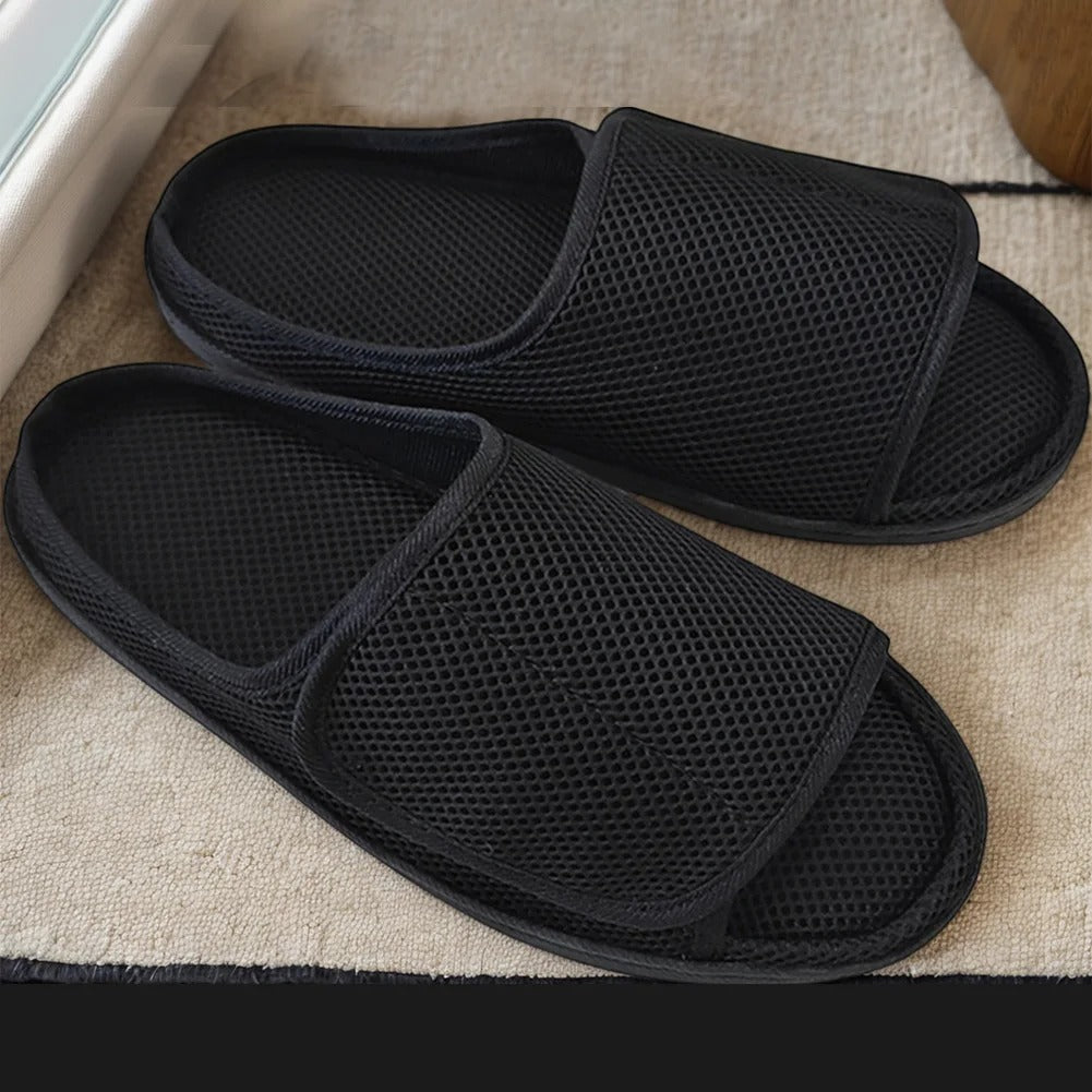 Diabetic men's adjustable slippers for swollen feet. Openable design ensures a custom, comfortable fit.