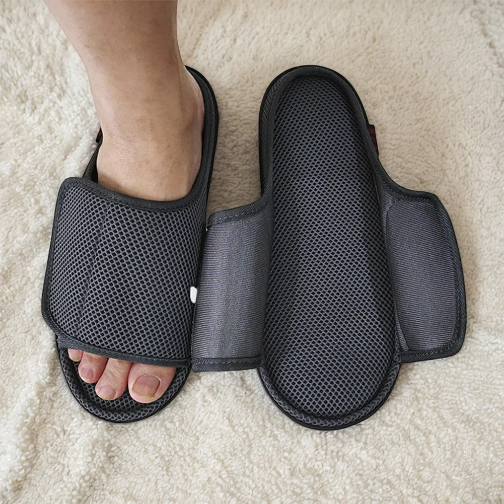 Therapeutic men's slippers for swollen, diabetic feet. Adjustable, openable design provides ultimate comfort.