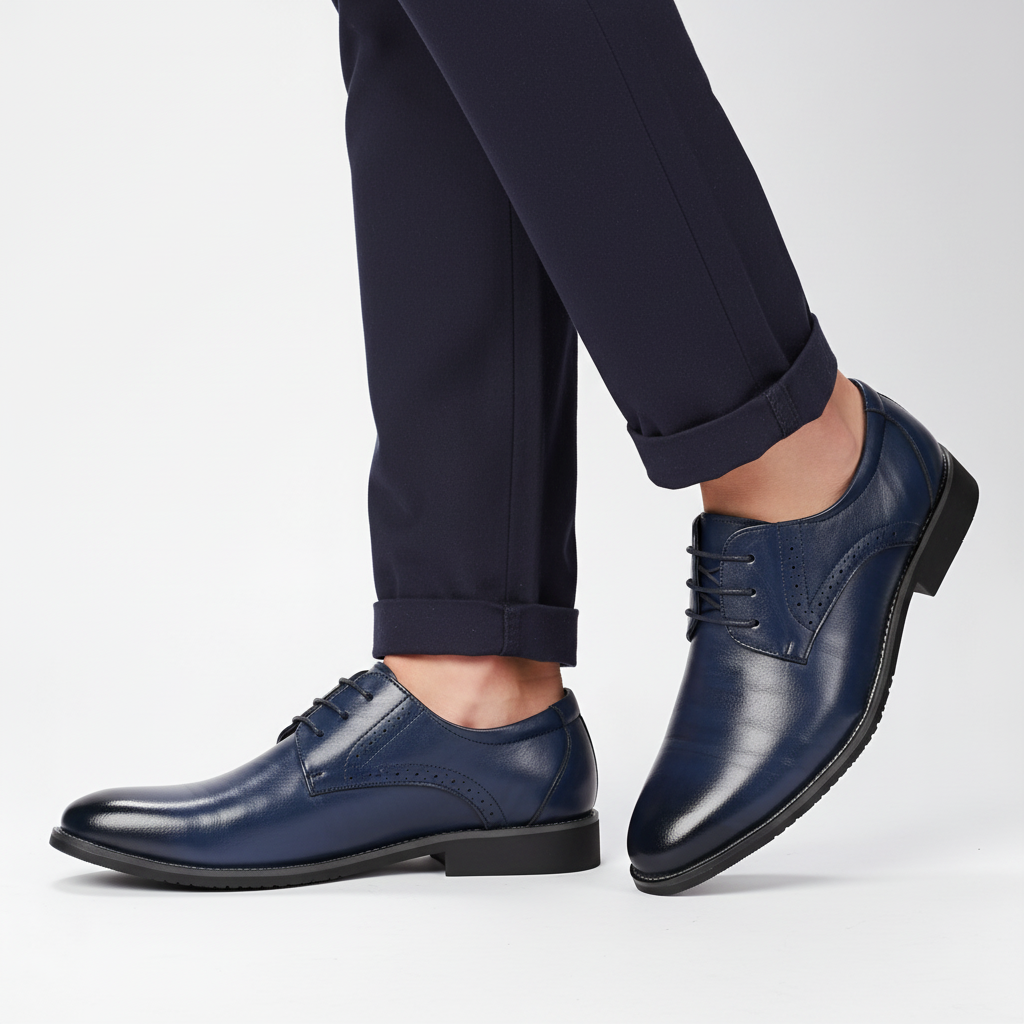 Side view of men's Adrian black leather dress shoes, showcasing classic brogue detailing and ergonomic design.