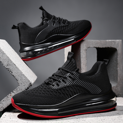 Side profile of Men's Airvault Max black cushioned running shoes with advanced athletic support.