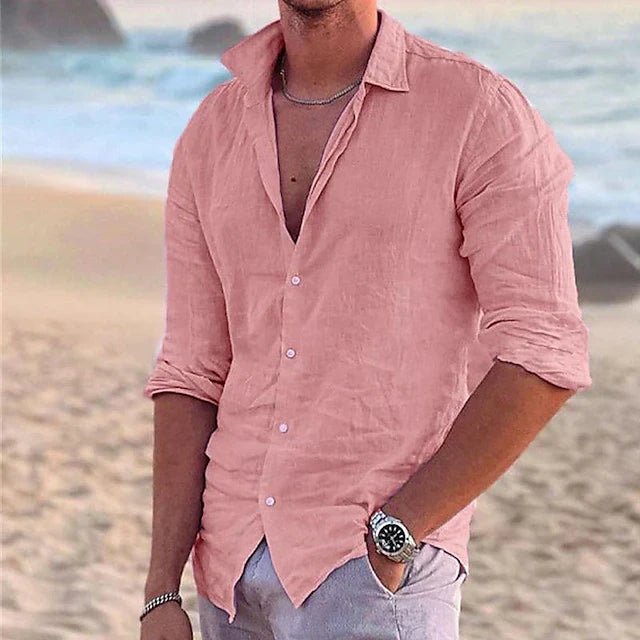 Stylish men's regular fit long-sleeve button-down shirt, perfect for warm weather vacations.