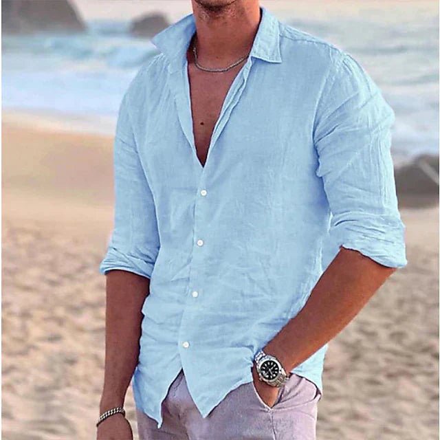 White men's airy button-down shirt, long sleeve, shown with rolled cuffs for a relaxed look.